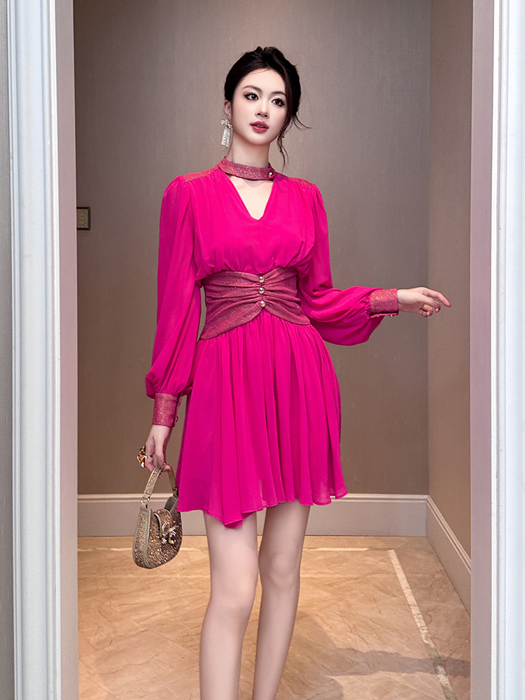 Winter Clothing Looks - 여성 브이넥 플리츠 쉬폰 비대칭 원피스,