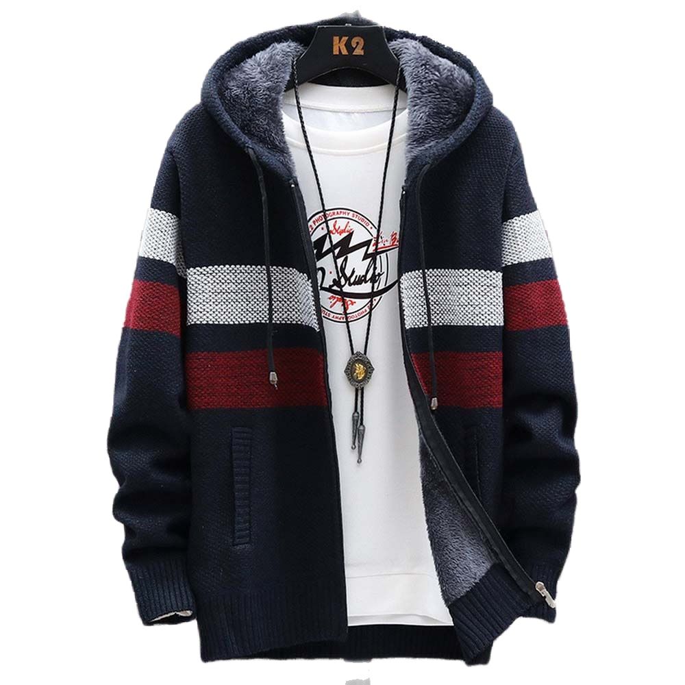 Wool Blend Coat - 남성용 스트라이프 스웨터 코트 두꺼운 양털
