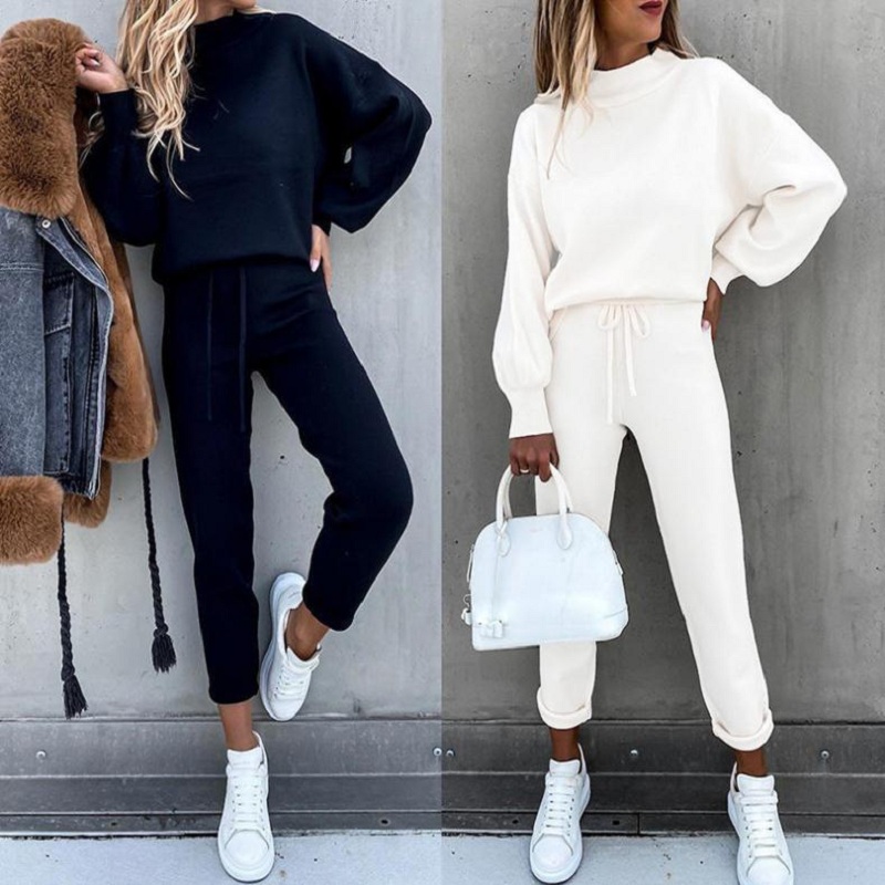 Winter Clothing Sale - 여성 하이넥 스웨터 퓨어 컬러 팬츠