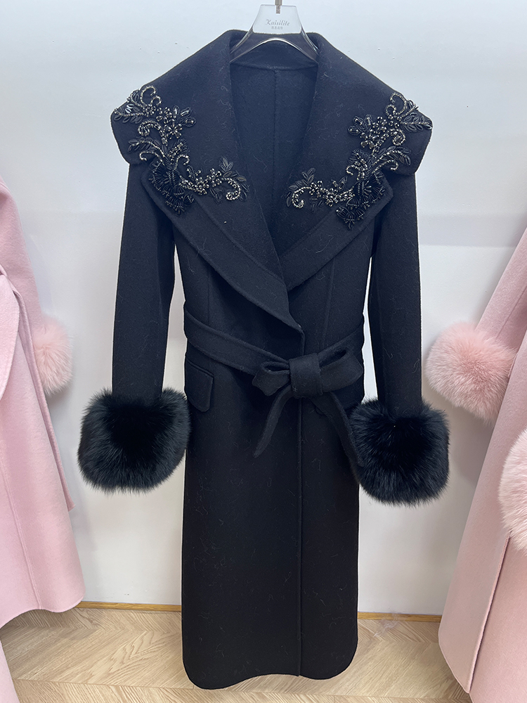 여성용 울 혼방 롱 코트, 진짜 여우 모피 커프스, 두 - Wool Blend Coat 리뷰 및 가격