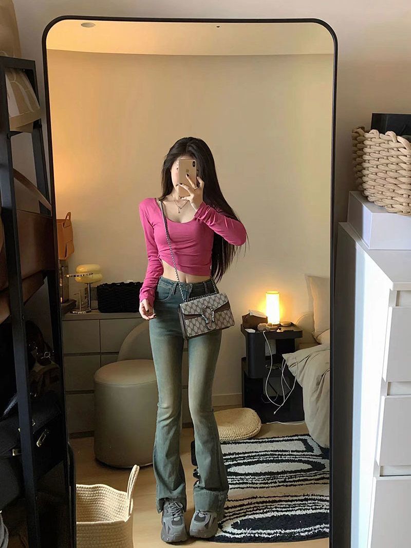 긴 소매 티셔츠 여성 코튼 프릴 탑 슬림 피트 편안한  - Winter Clothing Looks 리뷰 및 가격